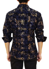 Velvet Paisley Metallic Plaid Long Sleeve Dress Shirt Navy