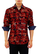 Velvet Paisley Metallic Plaid Long Sleeve Dress Shirt Red