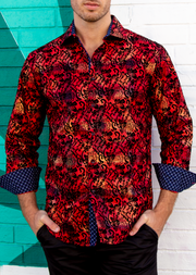 Velvet Paisley Metallic Plaid Long Sleeve Dress Shirt Red