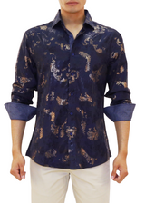 Metallic Paisley Print Long Sleeve Dress Shirt Navy