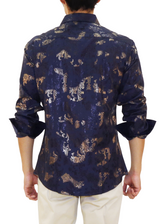 Metallic Paisley Print Long Sleeve Dress Shirt Navy