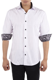 Men's White Paisley Cuff Button Up Long Sleeve Dress Shirt