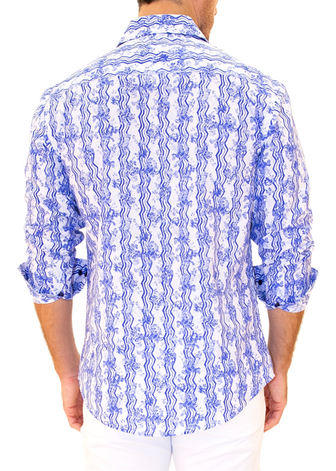 Floral Zig-Zag Print Long Sleeve Dress Shirt Blue