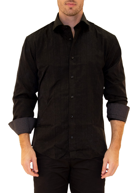 Paisley Texture Solid Black Button Up Men's Long Sleeve Dress Shirt