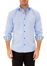 Microprint Texture Button Up Long Sleeve Dress Shirt Blue