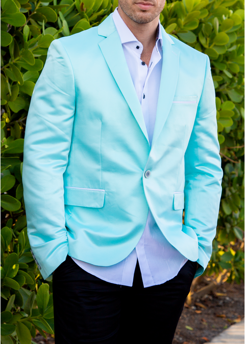 Satin Finish Evening Blazer Solid Turquoise