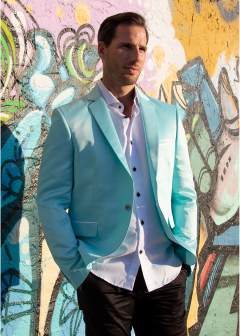 Satin Finish Evening Blazer Solid Turquoise