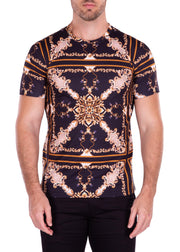 Abstract Gold Kaleidoscope Bold Printed All-Over Graphic Tee Black