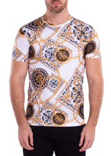 Antique Tile Chain Motif Bold Printed All-Over Graphic Tee White