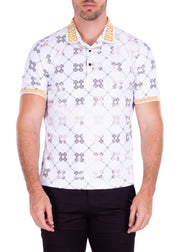 Geometric Chinese Medallion Print White Metallic Polo Shirt