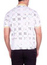 Geometric Chinese Medallion Print White Metallic Polo Shirt