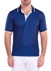 Geometric Mini Diamond Pattern Printed Polo Shirt Navy