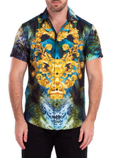 Gold Flourish Trippy Leopard Print Short Sleeve Dress Shirt Green