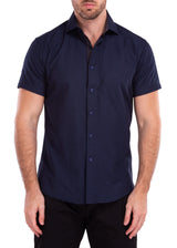 Paisley Texture Solid Navy Button Up Short Sleeve Dress Shirt