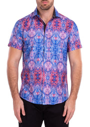 Psychedelic Kaleidoscope Print Blue Button Up Short Sleeve Dress Shirt