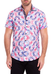 Trippy Kaleidoscope Print White Button Up Short Sleeve Dress Shirt