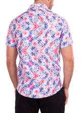 Trippy Kaleidoscope Print White Button Up Short Sleeve Dress Shirt