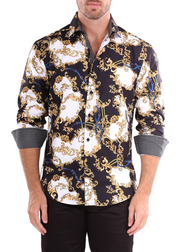 Baroque Motif Contrast Print Long Sleeve Dress Shirt Black