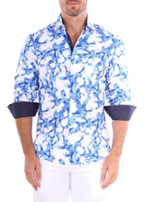 Blue Baroque Print Button Up Long Sleeve Dress Shirt