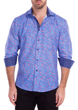 Geometric Dot Print Blue Long Sleeve Button Up Dress Shirt