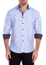 Gradient Wave Print Blue Long Sleeve Button Up Dress Shirt