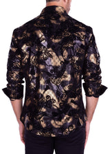 Velvet Paisley Metallic Geo Pattern Long Sleeve Dress Shirt Black