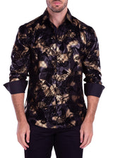 Velvet Paisley Metallic Geo Pattern Long Sleeve Dress Shirt Black