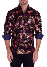 Velvet Paisley Metallic Geo Pattern Long Sleeve Dress Shirt Burgundy