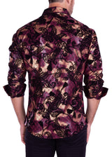 Velvet Paisley Metallic Geo Pattern Long Sleeve Dress Shirt Burgundy