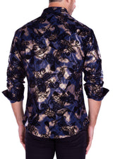 Velvet Paisley Metallic Geo Pattern Long Sleeve Dress Shirt Navy