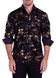 Velvet Paisley On Metallic Plaid Long Sleeve Dress Shirt Black