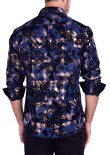 Velvet Paisley On Metallic Plaid Long Sleeve Dress Shirt Royal Blue