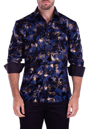 Velvet Paisley On Metallic Plaid Long Sleeve Dress Shirt Royal Blue