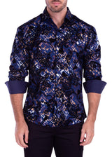 Velvet Paisley Metallic Retro Pattern Long Sleeve Dress Shirt Royal Blue