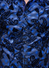 Metallic Halftone Velvet Paisley Long Sleeve Dress Shirt Blue