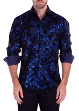 Metallic Halftone Velvet Paisley Long Sleeve Dress Shirt Blue