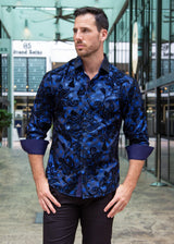 Metallic Halftone Velvet Paisley Long Sleeve Dress Shirt Blue