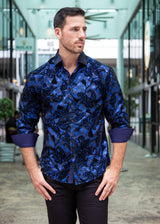 Metallic Halftone Velvet Paisley Long Sleeve Dress Shirt Blue