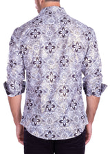 Damask Floral Print Long Sleeve Dress Shirt White