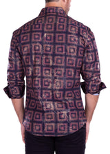 Egyptian Print Metallic Long Sleeve Dress Shirt Black