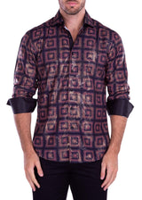 Egyptian Print Metallic Long Sleeve Dress Shirt Black