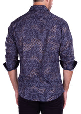 Baroque Pattern Metallic Windowpane Print Long Sleeve Dress Shirt Navy