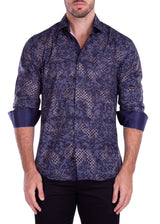 Baroque Pattern Metallic Windowpane Print Long Sleeve Dress Shirt Navy