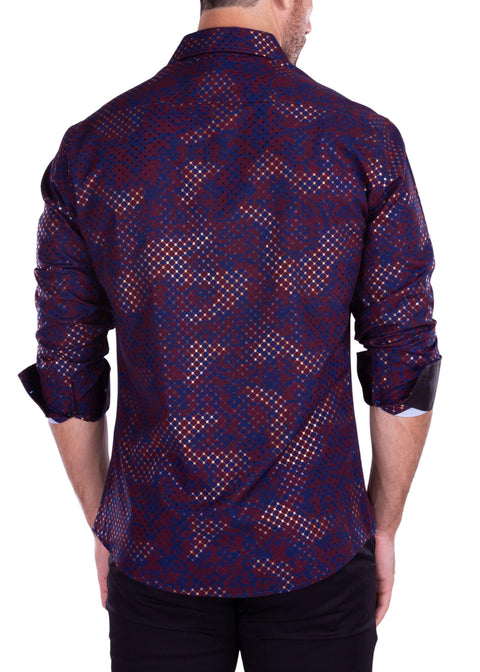 Baroque Pattern Metallic Windowpane Long Sleeve Dress Shirt Navy