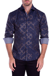 Metallic Geo Print Long Sleeve Dress Shirt Navy