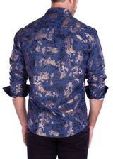 Men's Navy Metallic Print Button Up Long Sleeve Dress Shirt