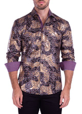 Men's Black Shiny Printed Button Up Long Sleeve Dress Shirt