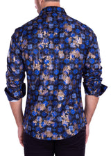 Abstract Decorative Pattern Metallic Baroque Detail Long Sleeve Dress Shirt Black