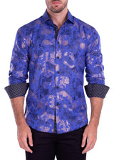 Metallic Flourish Accent On Microprint Long Sleeve Dress Shirt Royal