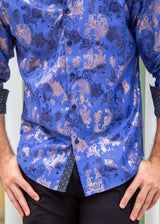 Metallic Flourish Accent On Microprint Long Sleeve Dress Shirt Royal